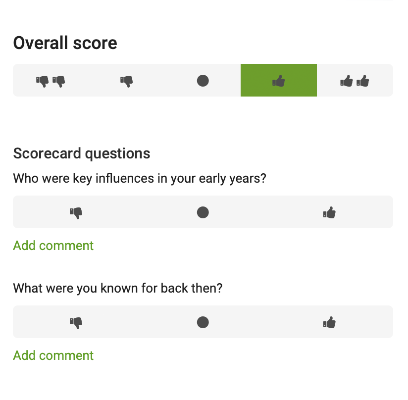 Scorecard with a series of questions and rankings